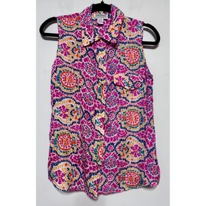 Y2K Vintage Croquet Club 100% Silk Mosaic Print Top‎ Size Small Boho Festival